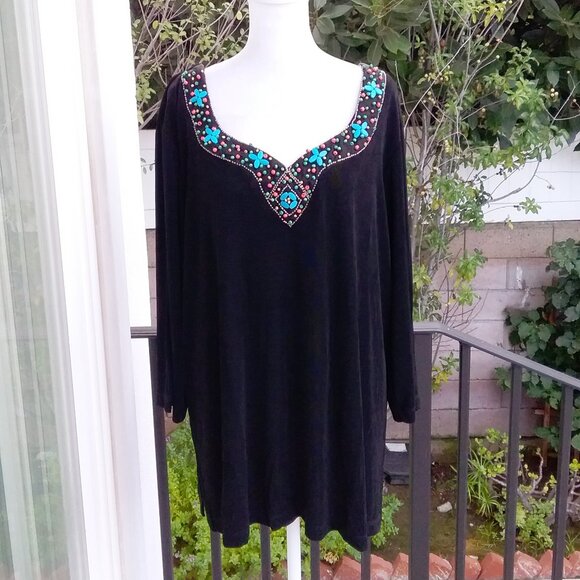 Slinky Brand Women XXL Petite Black Knit Top with Embellished Front Vintage - Picture 3 of 7